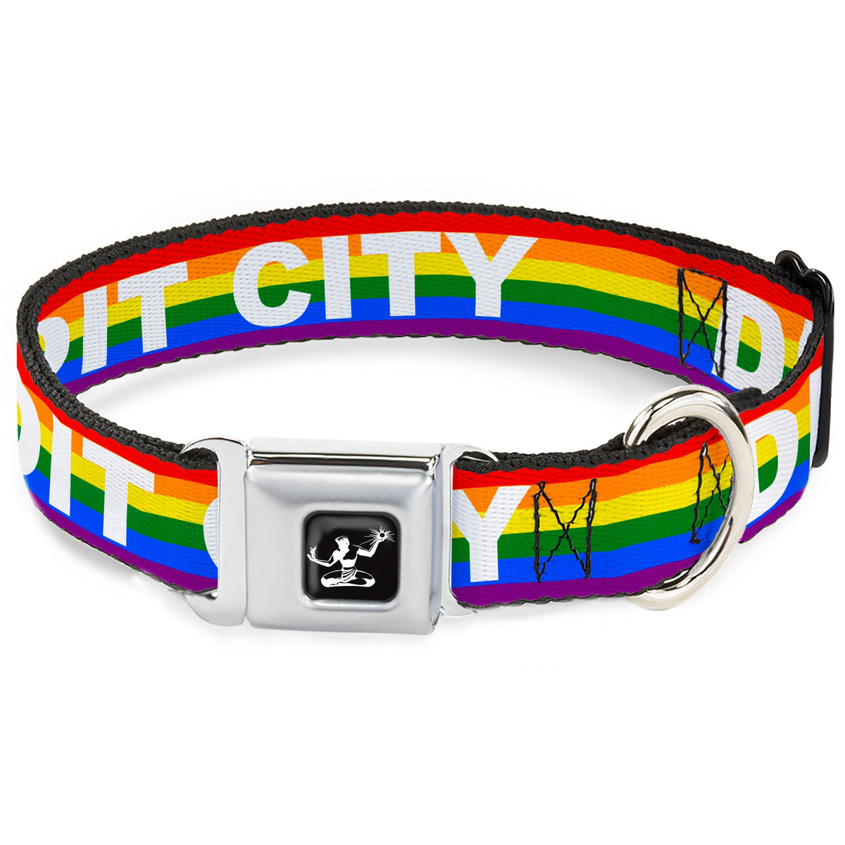 Spirit of Detroit Logo Full Color Black/White Seatbelt Buckle Collar - DETROIT CITY Text Pride Flag Rainbow/White