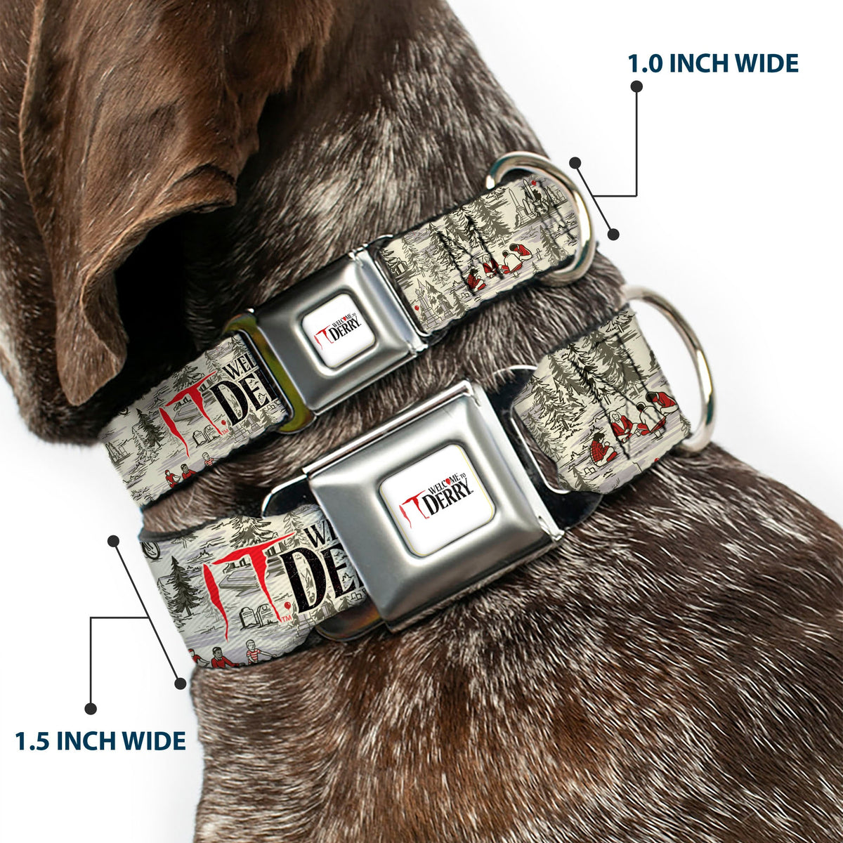 IT WELCOME TO DERRY Title Logo Full Color White Seatbelt Buckle Collar - IT WELCOME TO DERRY Camping Forest Scenery and Title Logo Beige/Grays