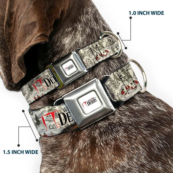 IT WELCOME TO DERRY Title Logo Full Color White Seatbelt Buckle Collar - IT WELCOME TO DERRY Camping Forest Scenery and Title Logo Beige/Grays