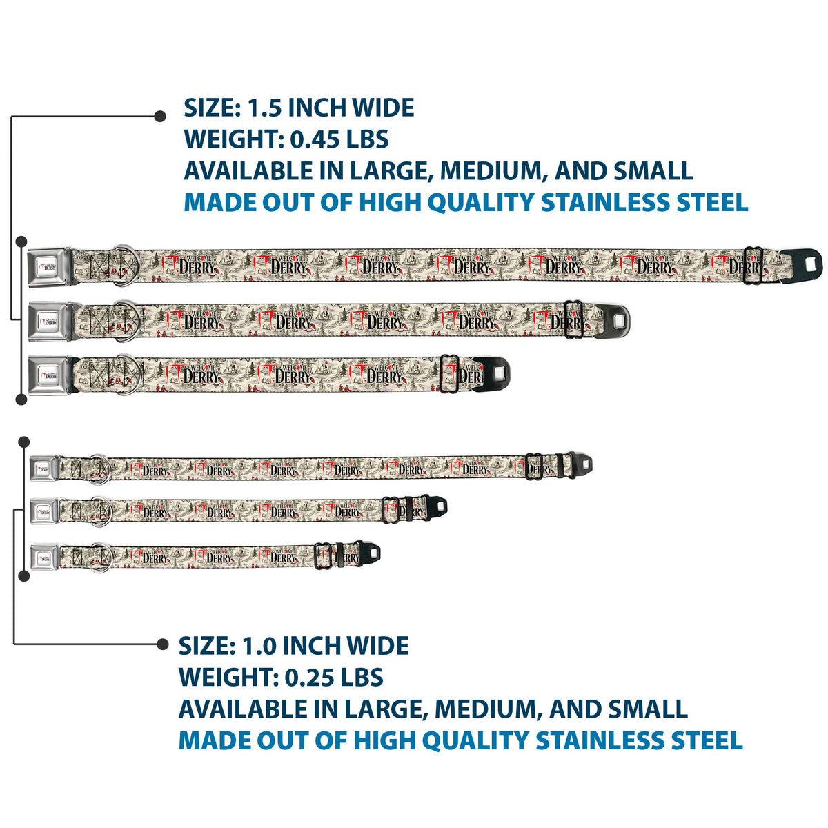 IT WELCOME TO DERRY Title Logo Full Color White Seatbelt Buckle Collar - IT WELCOME TO DERRY Camping Forest Scenery and Title Logo Beige/Grays