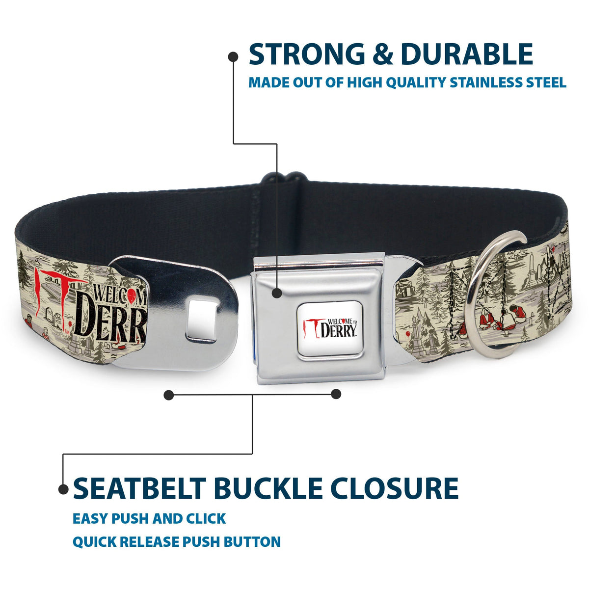 IT WELCOME TO DERRY Title Logo Full Color White Seatbelt Buckle Collar - IT WELCOME TO DERRY Camping Forest Scenery and Title Logo Beige/Grays