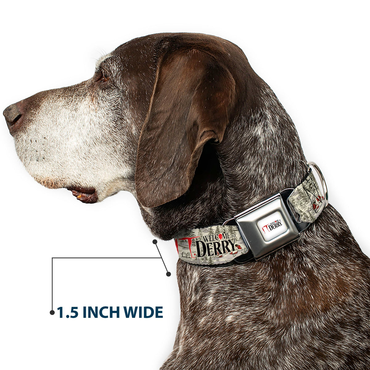 IT WELCOME TO DERRY Title Logo Full Color White Seatbelt Buckle Collar - IT WELCOME TO DERRY Camping Forest Scenery and Title Logo Beige/Grays