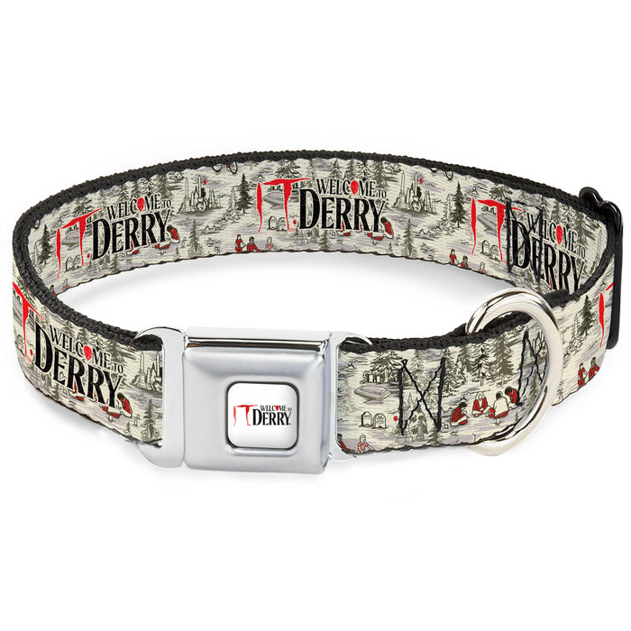 IT WELCOME TO DERRY Title Logo Full Color White Seatbelt Buckle Collar - IT WELCOME TO DERRY Camping Forest Scenery and Title Logo Beige/Grays