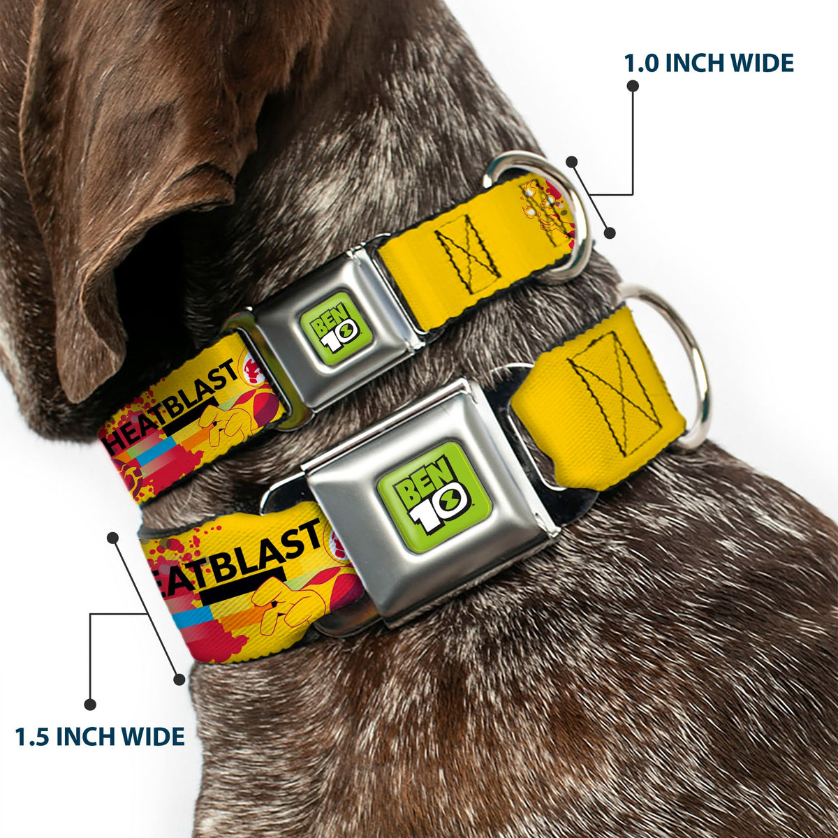 BEN 10 Title Logo Full Color Green/Black/White Seatbelt Buckle Collar - BEN 10 HEATBLAST Poses and Text Yellow/Reds