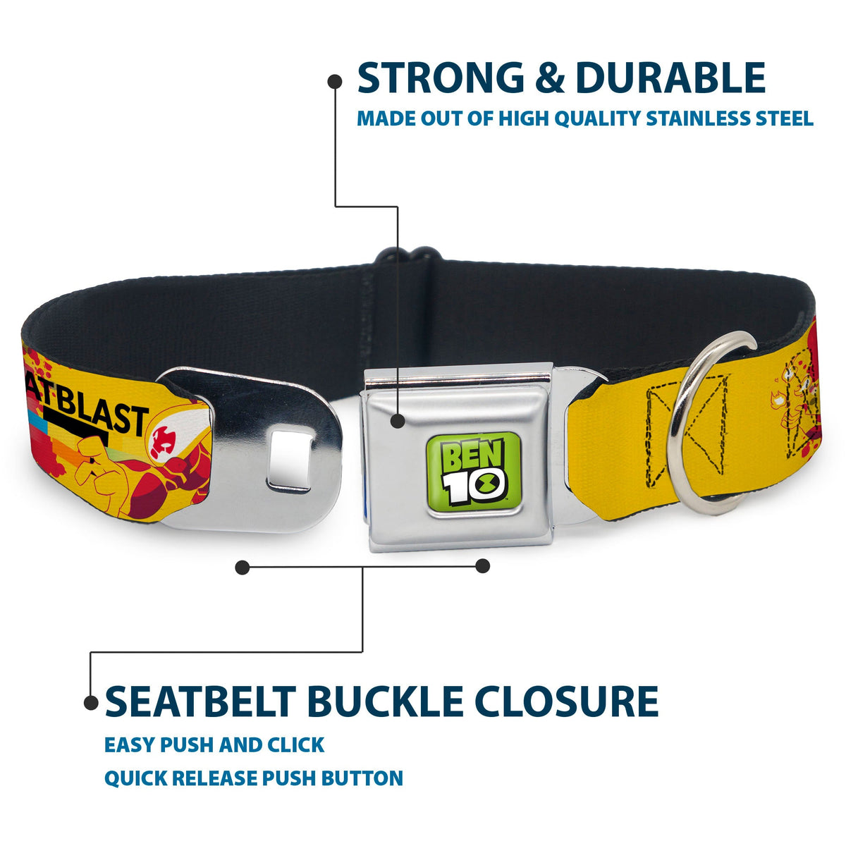 BEN 10 Title Logo Full Color Green/Black/White Seatbelt Buckle Collar - BEN 10 HEATBLAST Poses and Text Yellow/Reds