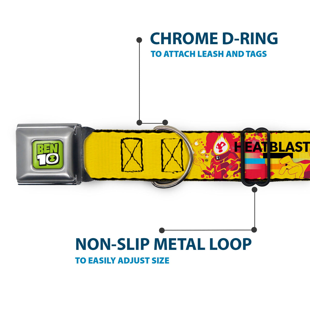 BEN 10 Title Logo Full Color Green/Black/White Seatbelt Buckle Collar - BEN 10 HEATBLAST Poses and Text Yellow/Reds