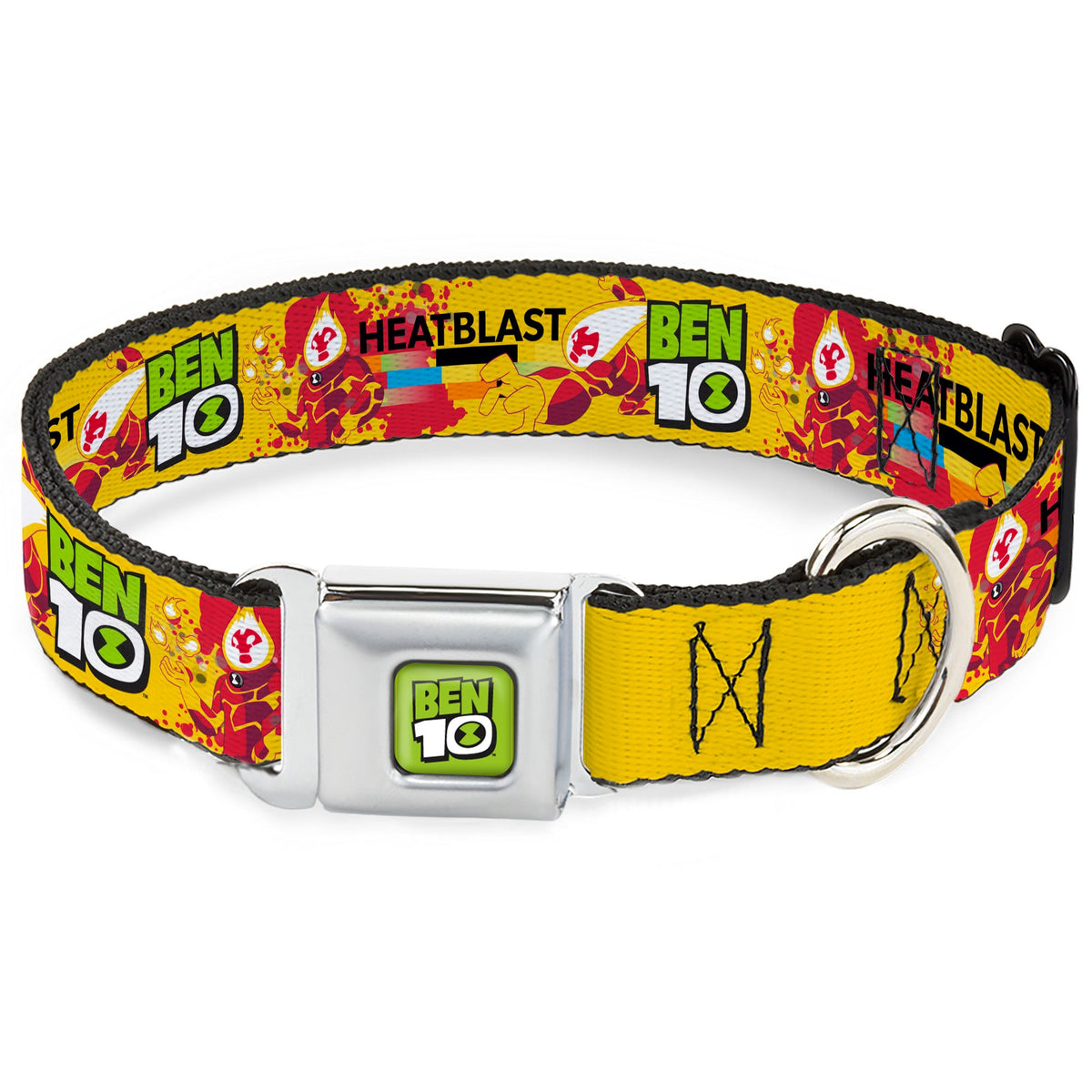 BEN 10 Title Logo Full Color Green/Black/White Seatbelt Buckle Collar - BEN 10 HEATBLAST Poses and Text Yellow/Reds