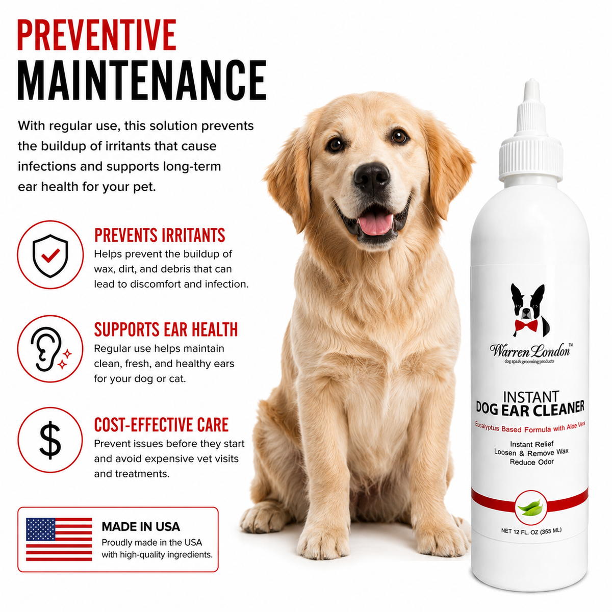 Instant Ear Cleaner For Dogs 4 oz or 12 oz - Removes Wax and Odor
