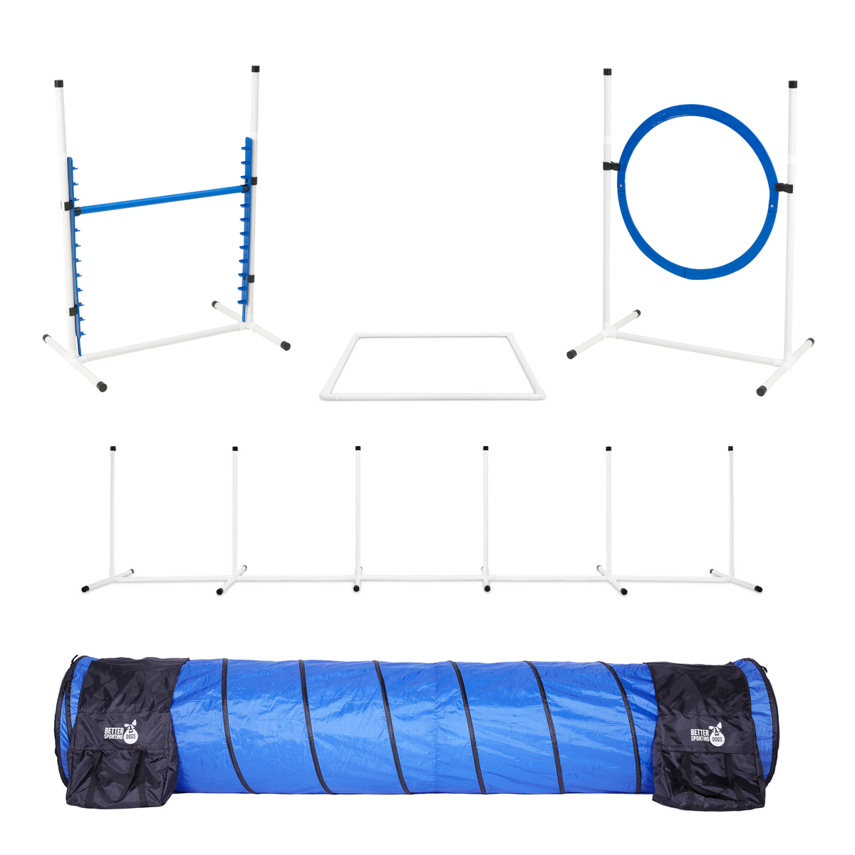 Better Sporting Dogs Upgraded Dog Agility Set – 5 Piece Training Kit with Safety Breakaway Tire Jump, Displacement Bar Jump, Tunnel, Weave Poles & Pause Box