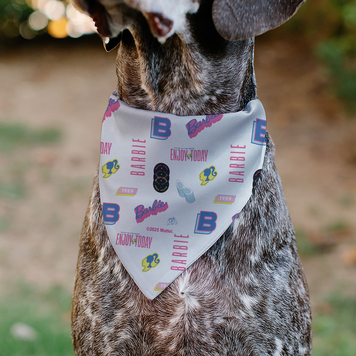Pet Bandana - BARBIE ENJOY TODAY Text and Icons Collage White/Pinks/Blues