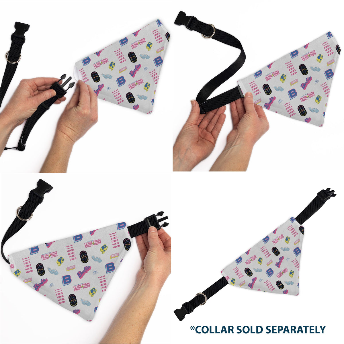Pet Bandana - BARBIE ENJOY TODAY Text and Icons Collage White/Pinks/Blues