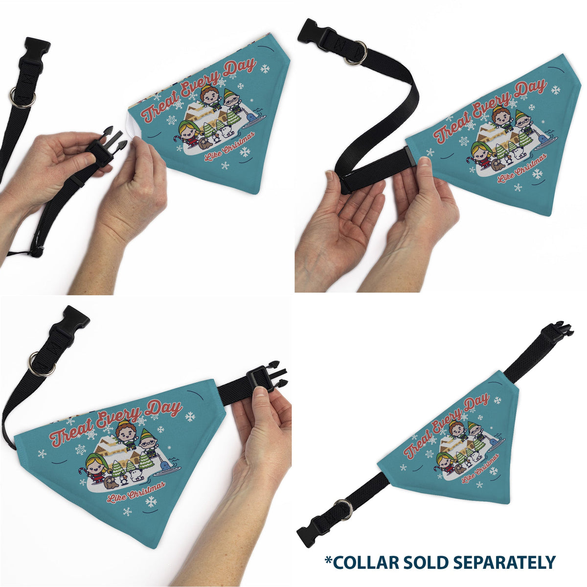 Pet Bandana - Elf TREAT EVERYDAY LIKE CHRISTMAS Buddy and Friends Pose Blue