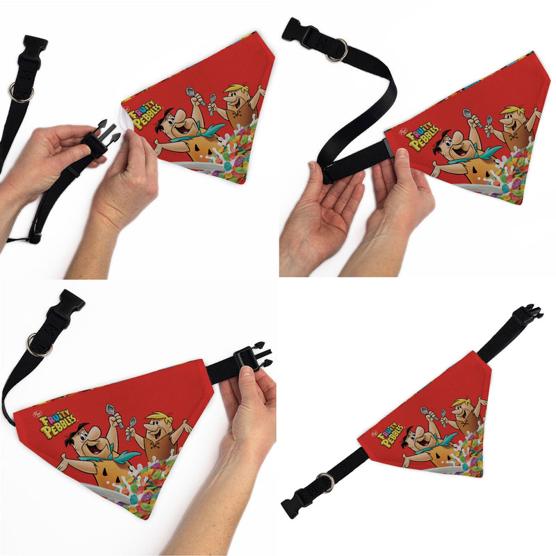 Pet Bandana - FRUITY PEBBLES Fred Flintstone and Barney Rubble Cereal Box Print and Vivid Cereal Multi Color