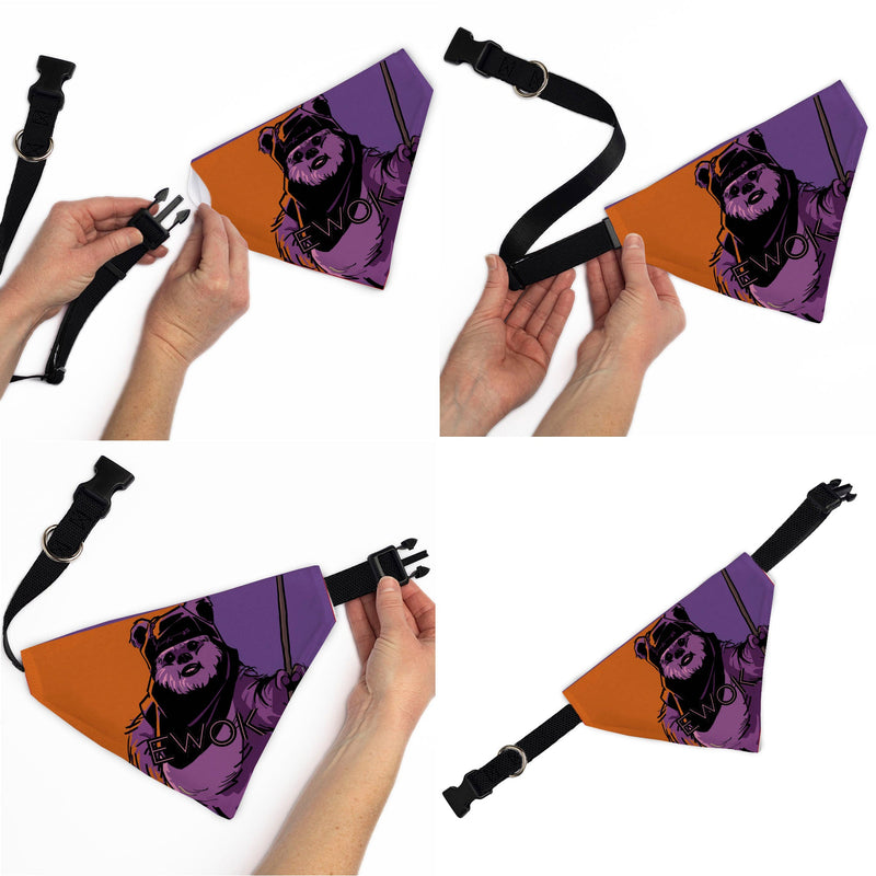 Pet Bandana - Star Wars EWOK Text and Wicket Pop Art Pose Orange/Purples/Black