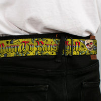 BD Wings Logo CLOSE-UP Full Color Black Silver Seatbelt Belt - Born to Raise Hell Yellow Webbing