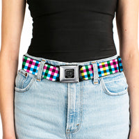 BD Wings Logo CLOSE-UP Full Color Black Silver Seatbelt Belt - Buffalo Plaid White/Multi Color Webbing