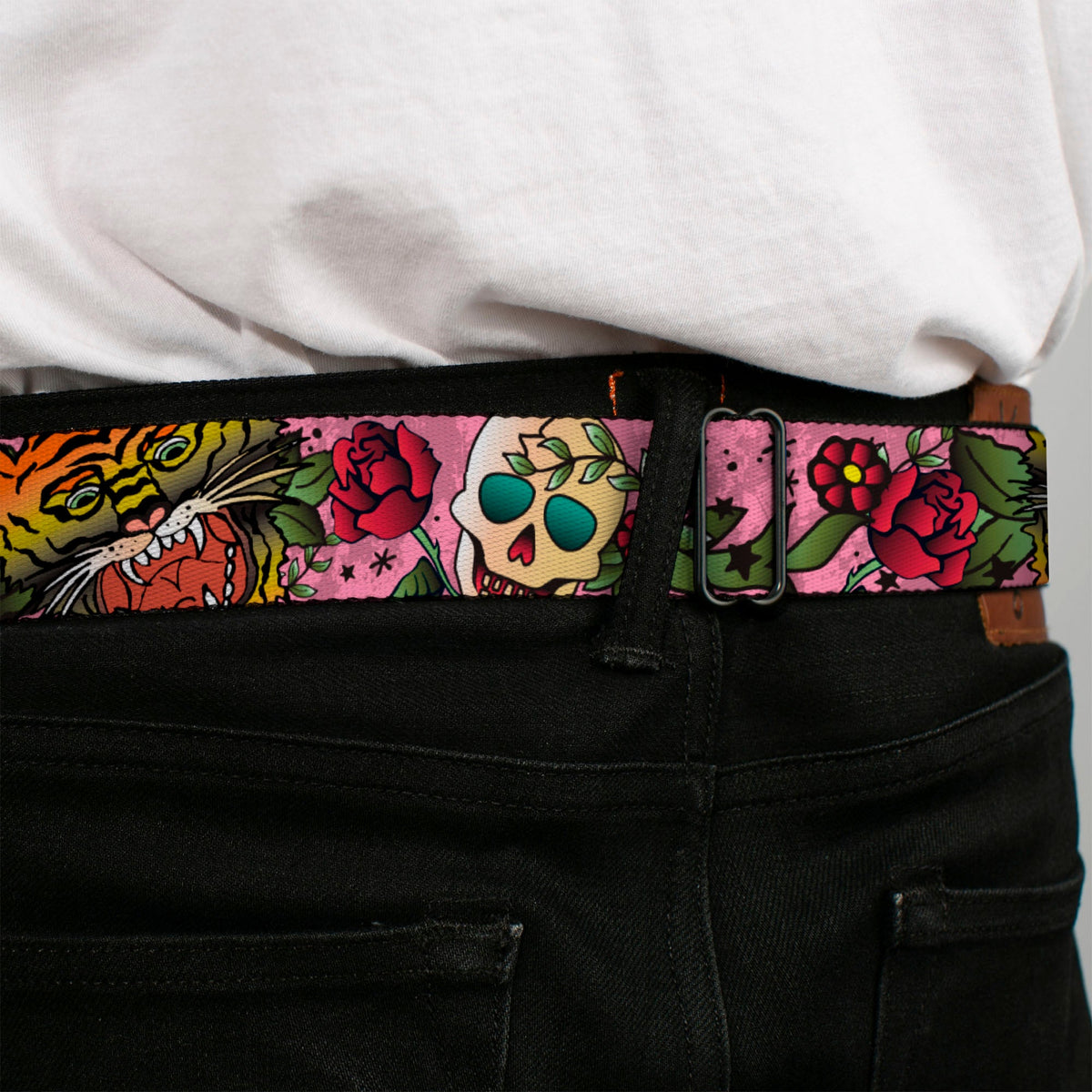 BD Wings Logo CLOSE-UP Full Color Black Silver Seatbelt Belt - Death Before Dishonor Pink Webbing