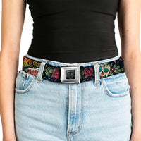 BD Wings Logo CLOSE-UP Full Color Black Silver Seatbelt Belt - Death Before Dishonor CLOSE-UP Black Webbing