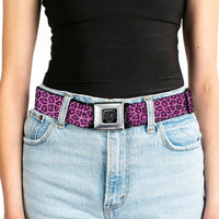 BD Wings Logo CLOSE-UP Full Color Black Silver Seatbelt Belt - Leopard Pink Fuchsia Webbing