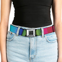 BD Wings Logo CLOSE-UP Full Color Black Silver Seatbelt Belt - Zarape7 Vertical Pinks/Blues/Greens/Black Webbing