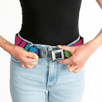 BD Wings Logo CLOSE-UP Full Color Black Silver Seatbelt Belt - Zarape7 Vertical Pinks/Blues/Greens/Black Webbing