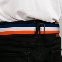 BD Wings Logo CLOSE-UP Full Color Black Silver Seatbelt Belt - Stripe Navy/White/Orange Webbing