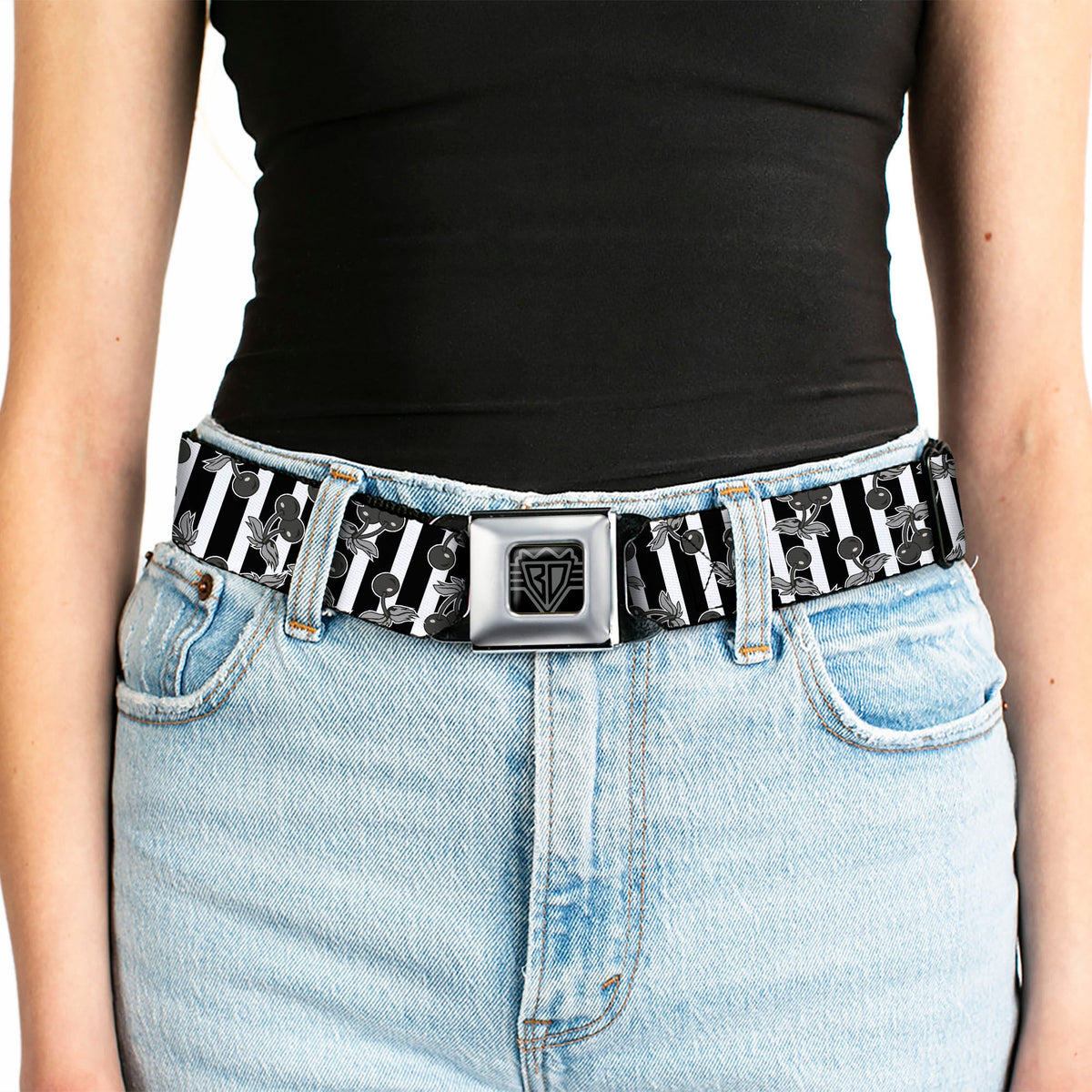 BD Wings Logo CLOSE-UP Full Color Black Silver Seatbelt Belt - Cherries Scattered/Vertical Stripe White/Black/Grays Webbing