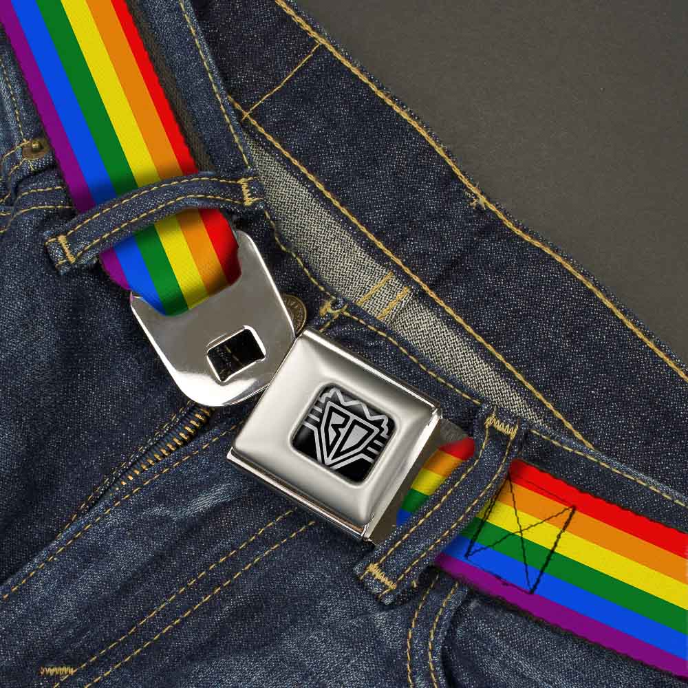 BD Wings Logo CLOSE-UP Full Color Black Silver Seatbelt Belt - Flag Pride Rainbow Webbing