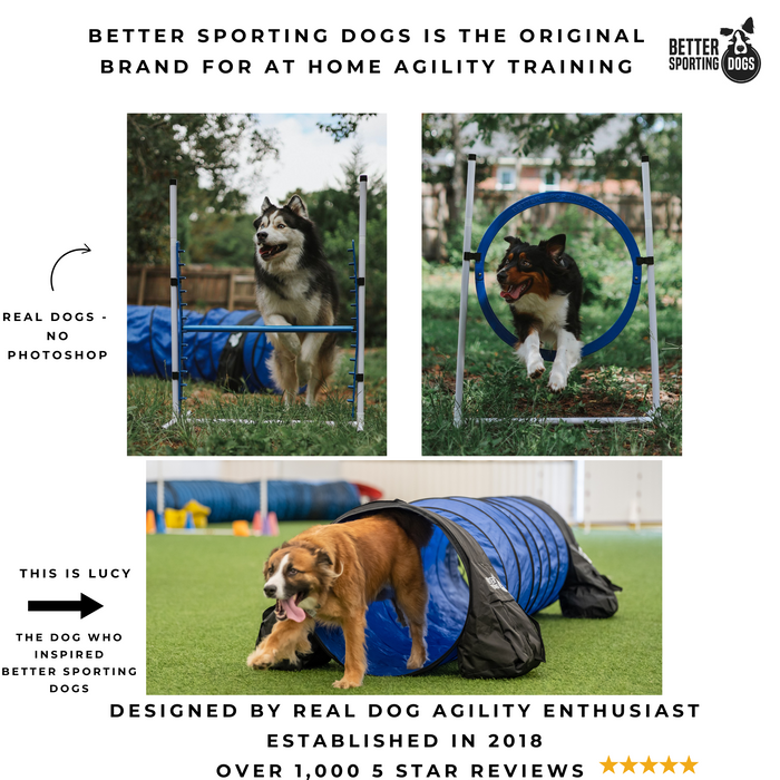 Better Sporting Dogs Upgraded Dog Agility Set – 7 Piece Training Kit with Safety Breakaway Tire Jump, Displacement Bar Jumps, Tunnels, Weave Poles & Pause Box
