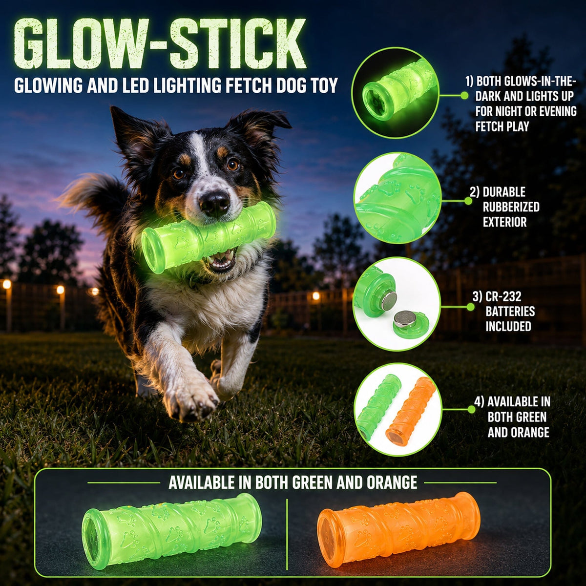 Pet Life ® 'Glow-Stick' TPR and LED Lighting Squeak and Chew Dog Toy