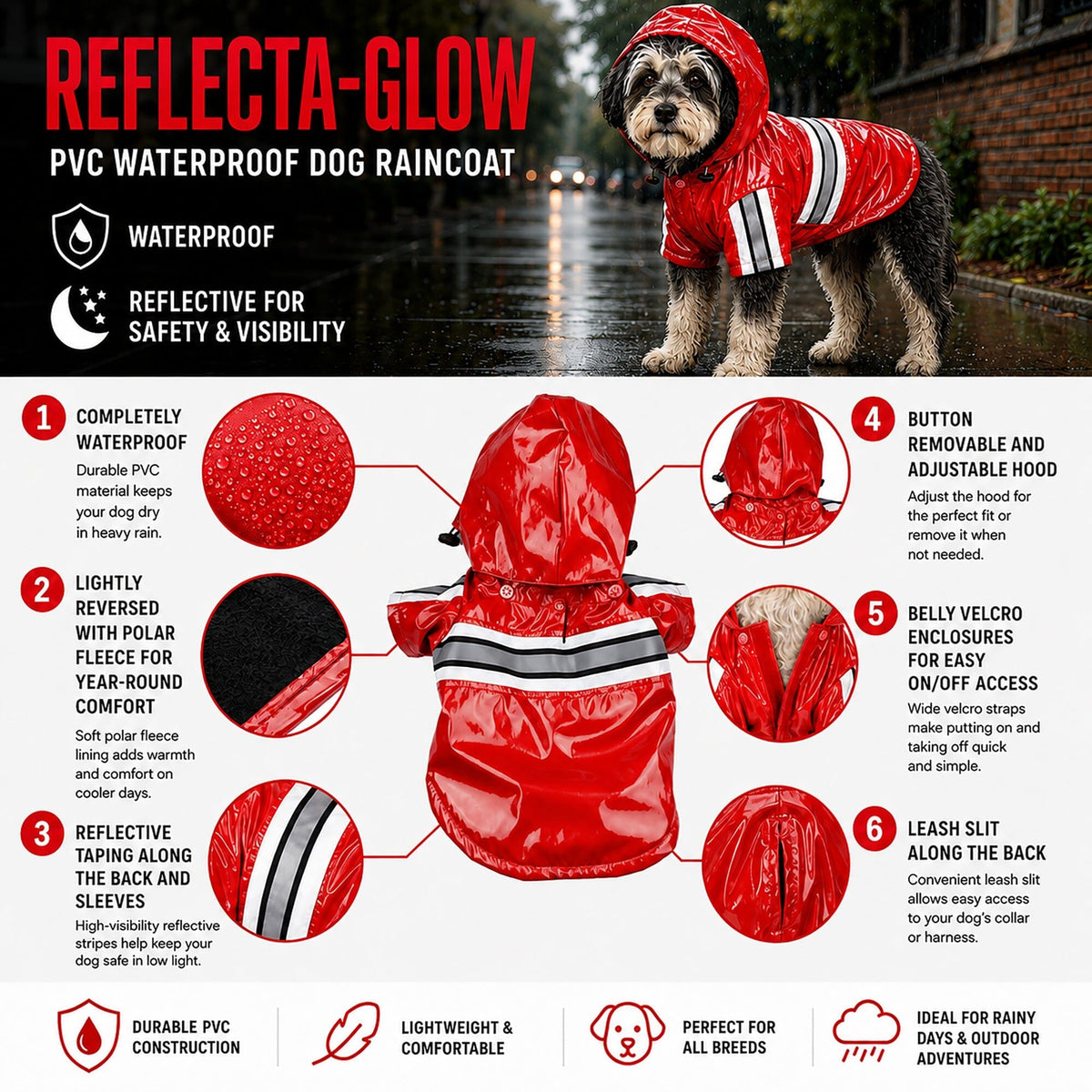Pet Life ® 'Reflecta-Glow' Reflective Waterproof Adjustable Dog Raincoat Jacket w/ Removable Hood