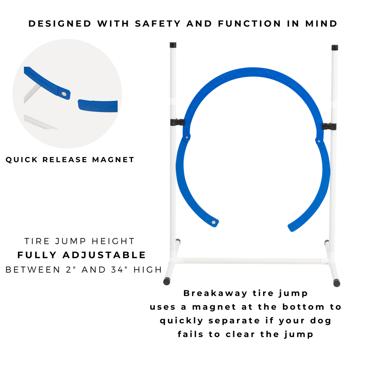 Better Sporting Dogs Upgraded Dog Agility Set – 5 Piece Training Kit with Safety Breakaway Tire Jump, Displacement Bar Jump, Tunnel, Weave Poles & Pause Box