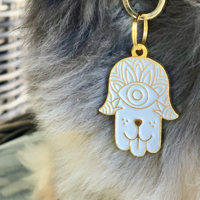 Hamsa White Pet ID Tag - Gold - 3 Red Rovers