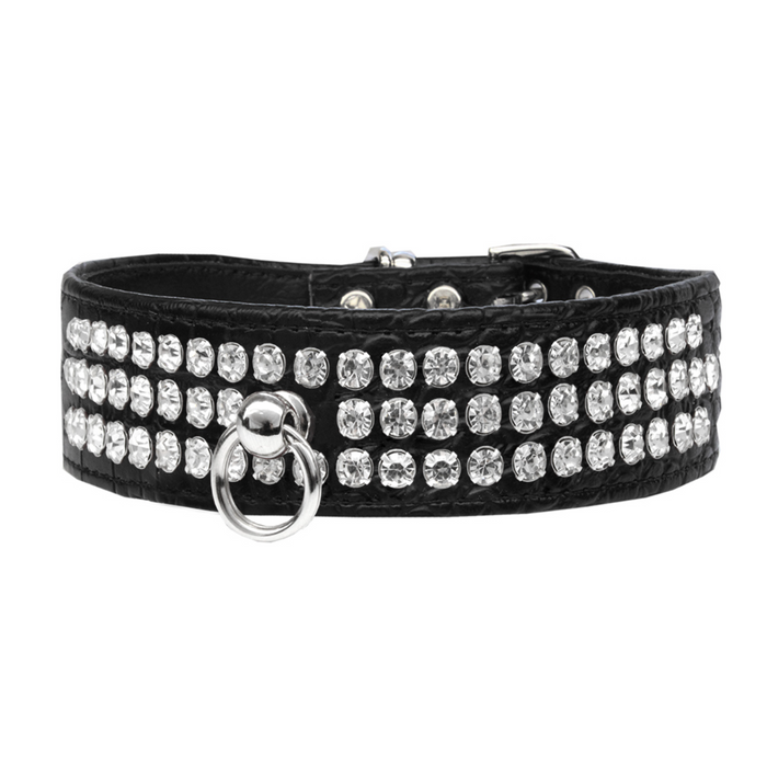 Ritz 3-row Crystal Faux Croc Dog Collar - Black - 3 Red Rovers
