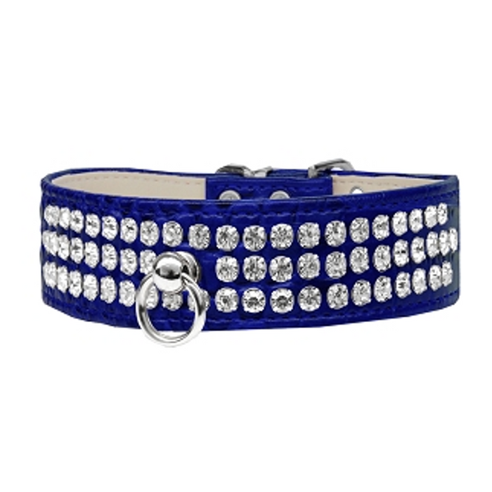 Ritz 3-row Crystal Faux Croc Dog Collar - Blue - 3 Red Rovers
