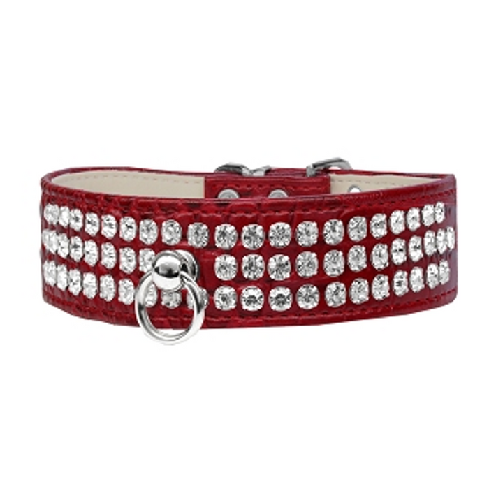Ritz 3-row Crystal Faux Croc Dog Collar - Red - 3 Red Rovers