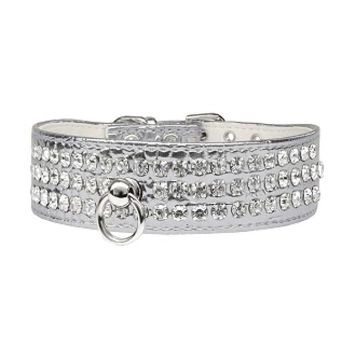 Ritz 3-row Crystal Faux Croc Dog Collar - Silver - 3 Red Rovers