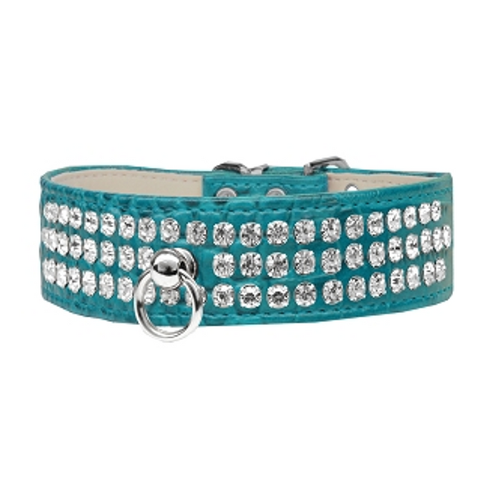 Ritz 3-row Crystal Faux Croc Dog Collar - Turquoise - 3 Red Rovers