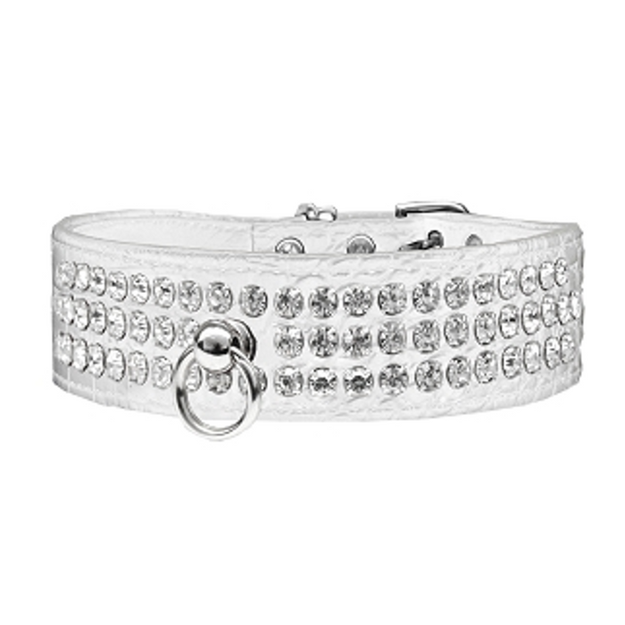 Ritz 3-row Crystal Faux Croc Dog Collar - White - 3 Red Rovers