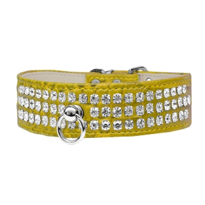 Ritz 3-row Crystal Faux Croc Dog Collar - Yellow - 3 Red Rovers