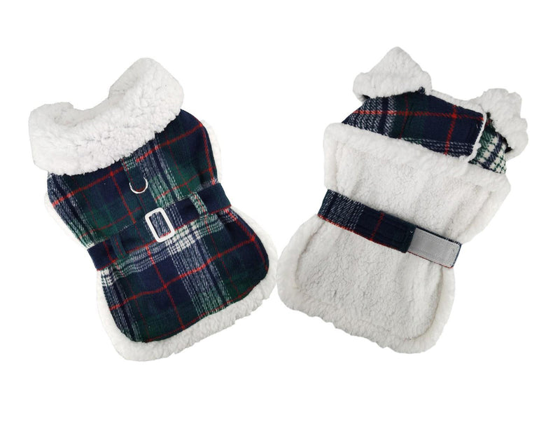 Blue and Green Plaid Sherpa Harness Coat and Leash - 3 Red Rovers