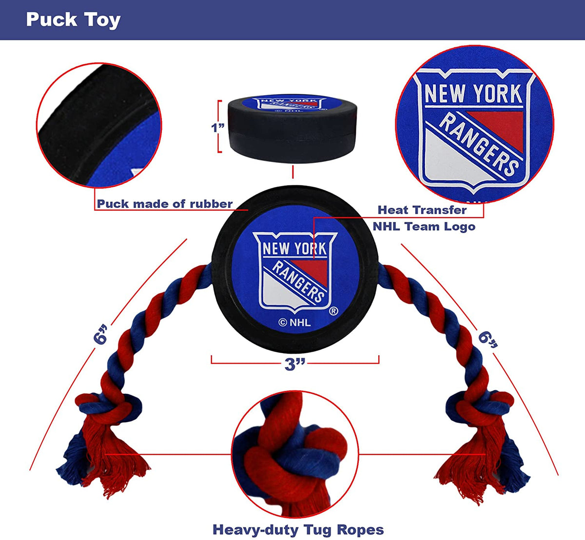 New York Rangers Puck Rope Toys - 3 Red Rovers