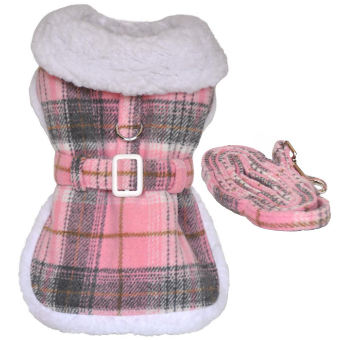 Pink Plaid Sherpa Harness Coat and Leash - 3 Red Rovers
