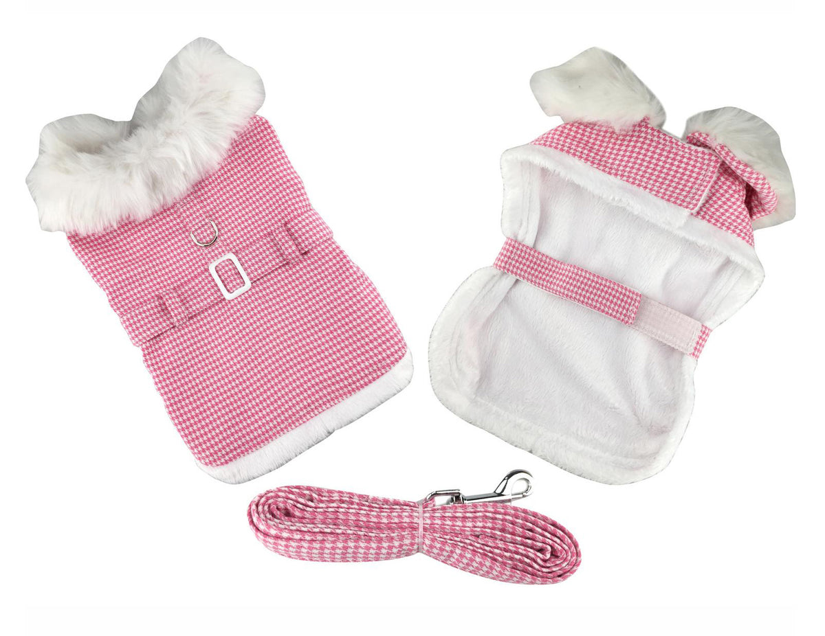 Pink Houndstooth Harness Coat and Leash - 3 Red Rovers