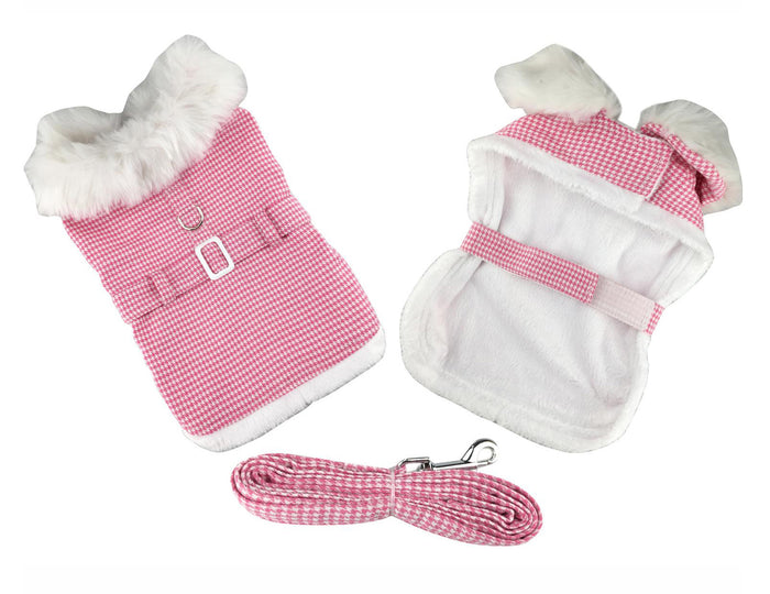 Pink Houndstooth Harness Coat and Leash - 3 Red Rovers