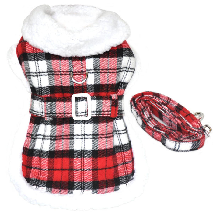 Red Plaid Sherpa Harness Coat and Leash - 3 Red Rovers
