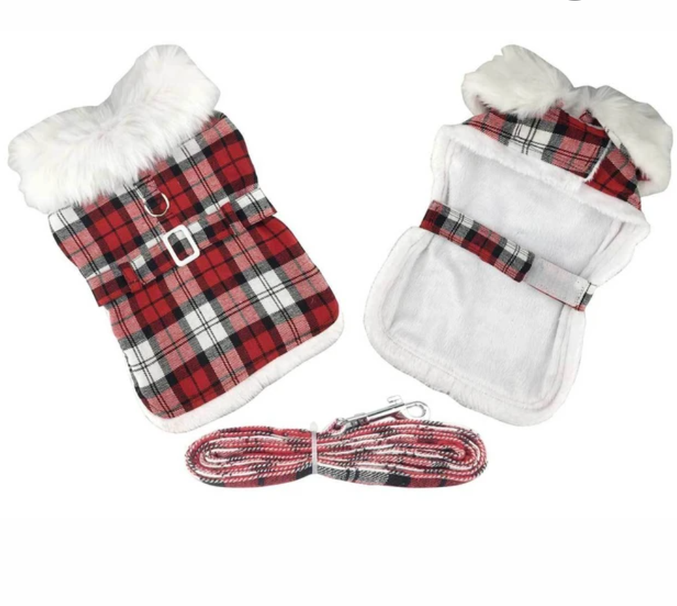 Red Plaid Sherpa Harness Coat and Leash - 3 Red Rovers
