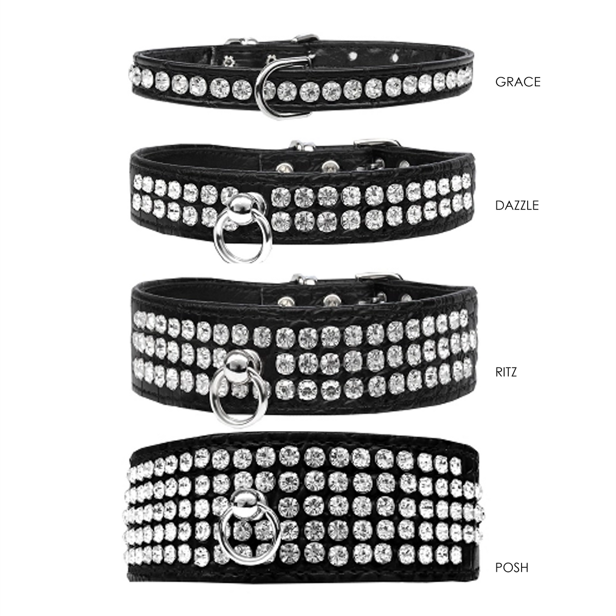 Dazzle 2-row Crystal Faux Croc Dog Collar - Black - 3 Red Rovers