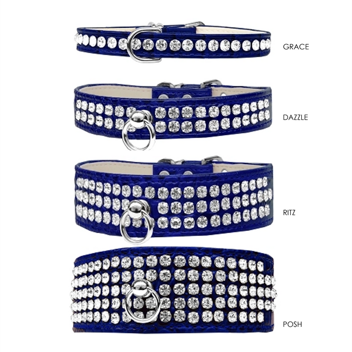 Posh 5-row Crystal Faux Croc Dog Collar - Blue - 3 Red Rovers