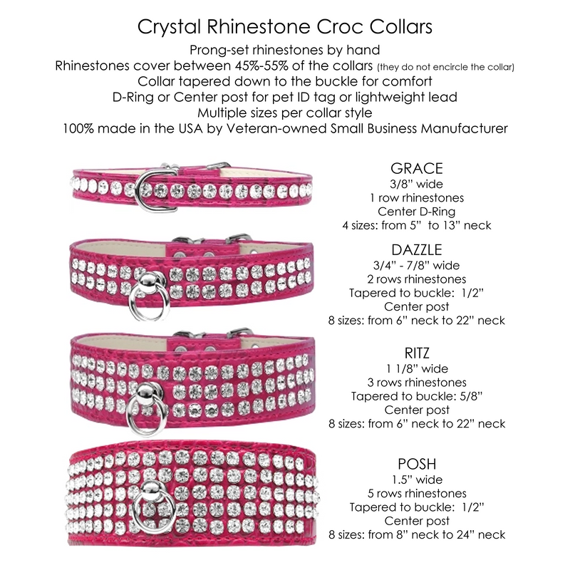 Ritz 3-row Crystal Faux Croc Dog Collar - Bright Pink - 3 Red Rovers